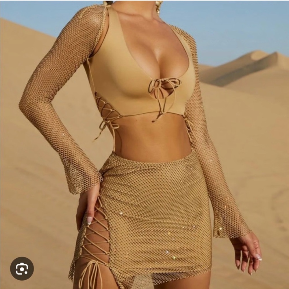 OH POLLY Tan Mesh Two-Piece Set